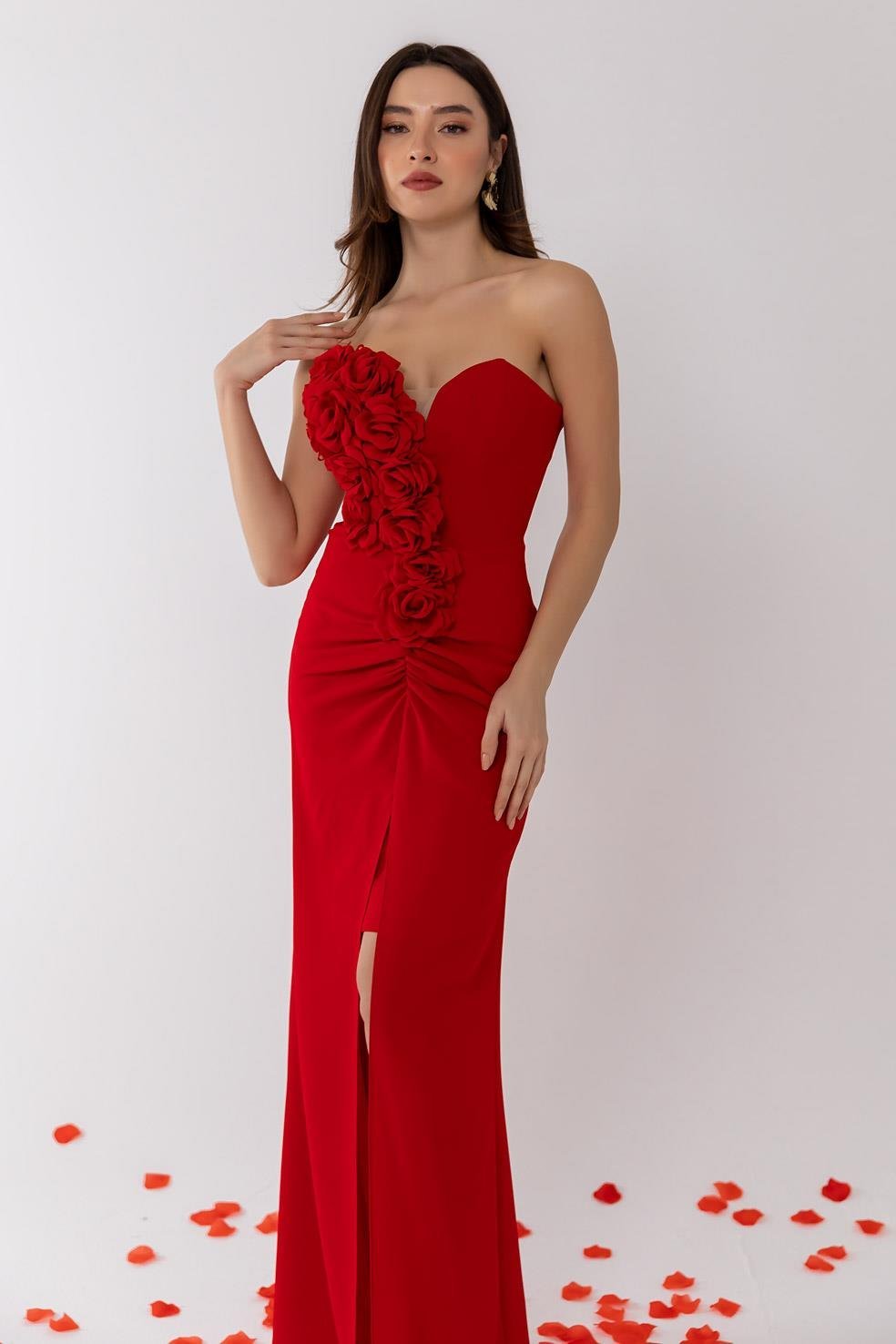 Strapless Chest Design Evening Dress - RED