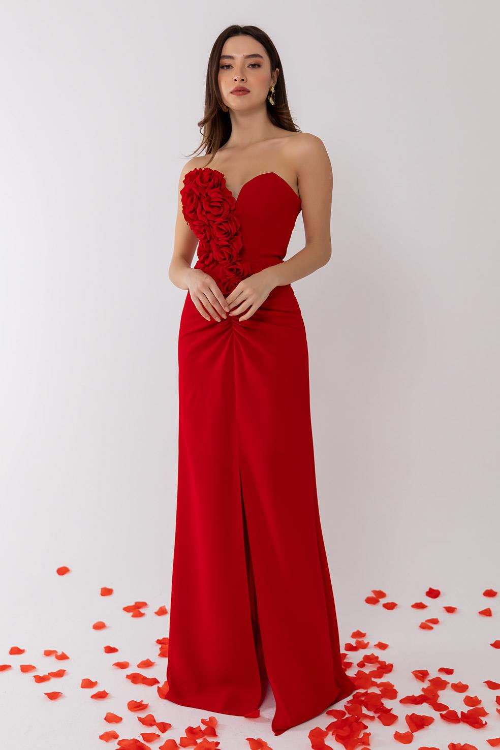 Strapless Chest Design Evening Dress - RED