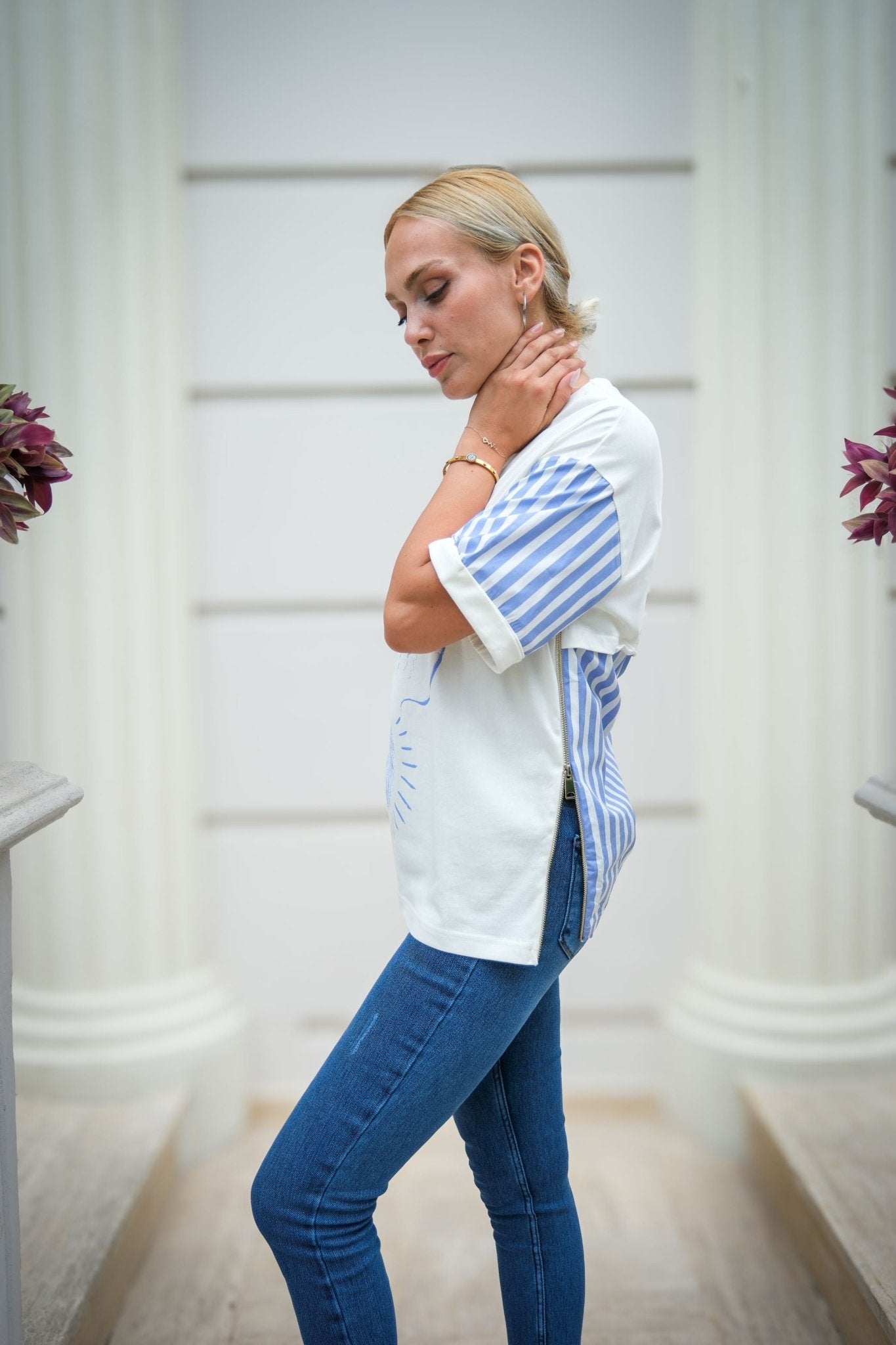 Striped T-Shirt with Side Zipper Detail - Lebbse