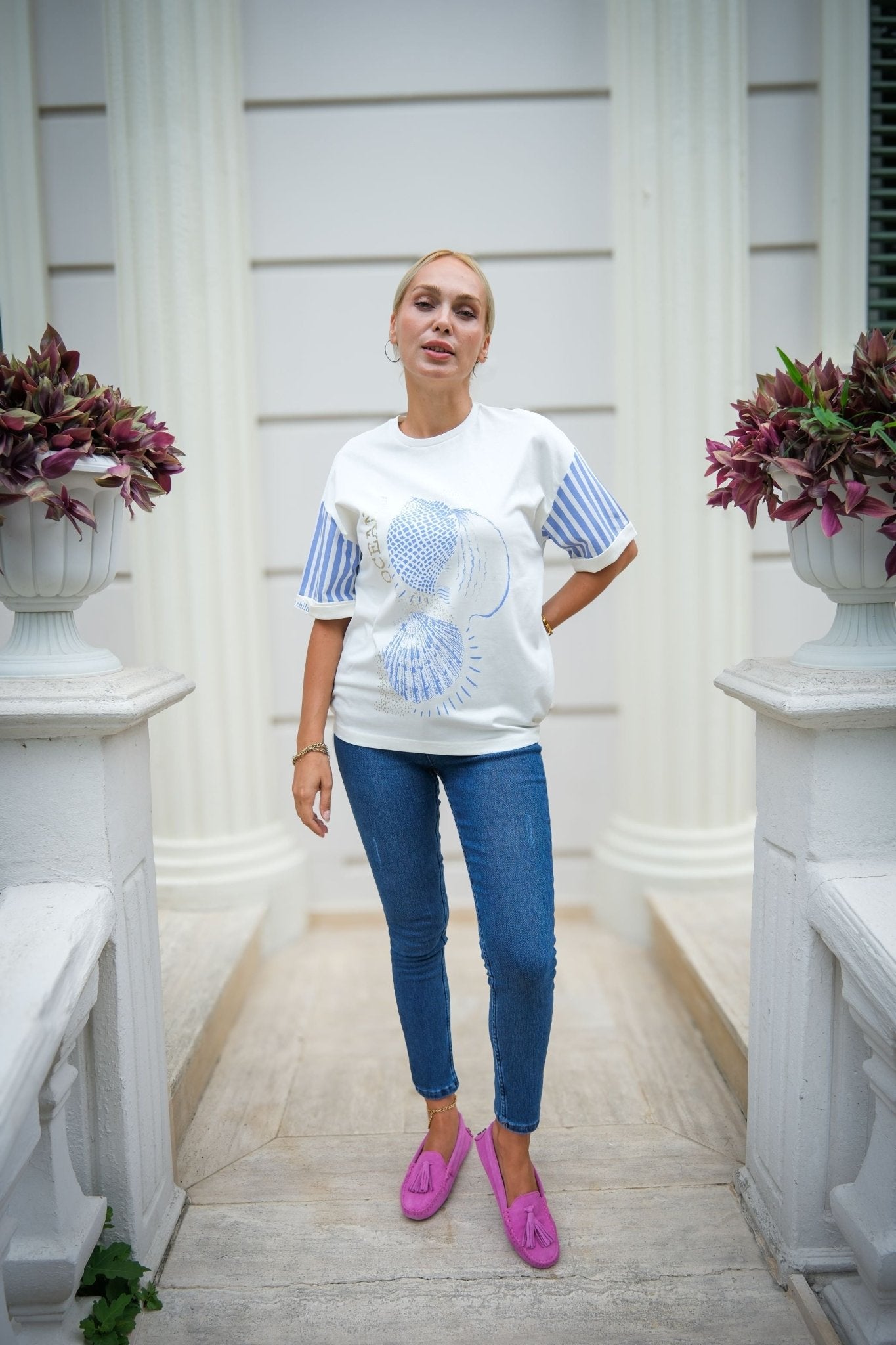 Striped T-Shirt with Side Zipper Detail - Lebbse