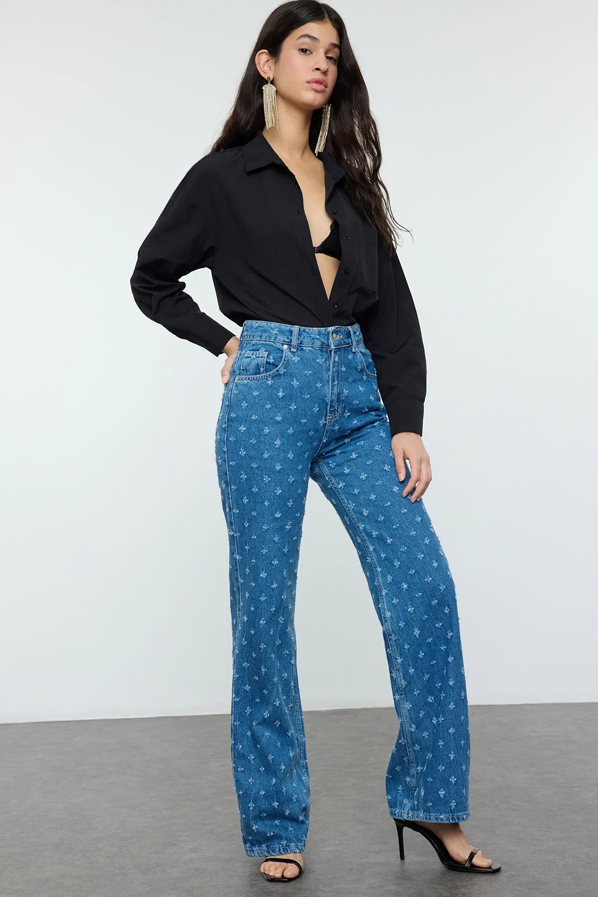 Blue Textured High Waist Wide Leg Jeans