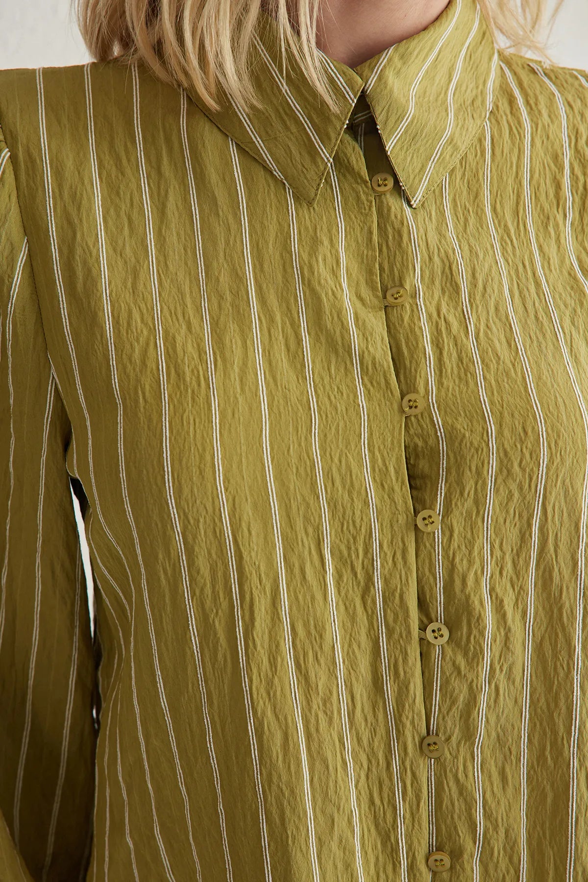 Dark Green Back Tie Detail Striped Buttoned Regular Normal Pattern Woven Shirt