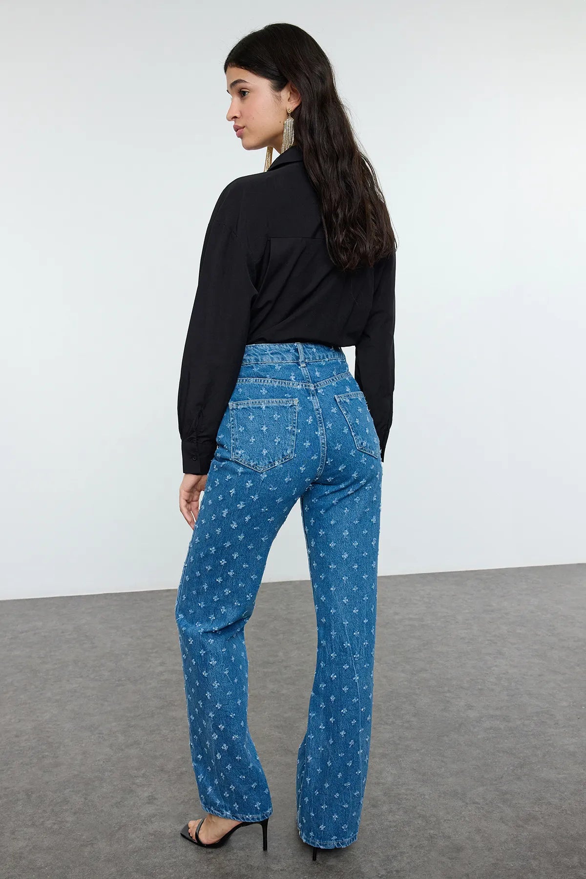 Blue Textured High Waist Wide Leg Jeans