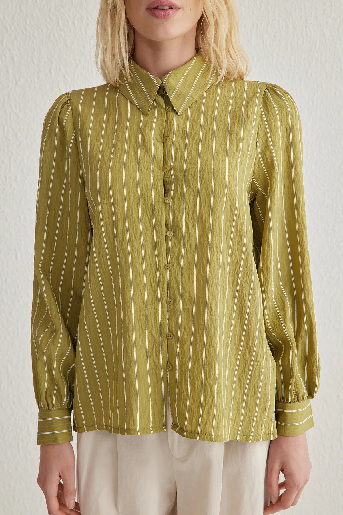 Dark Green Back Tie Detail Striped Buttoned Regular Normal Pattern Woven Shirt