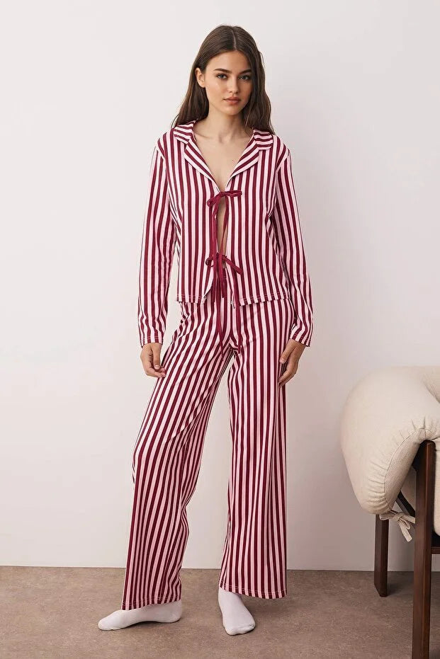 Plum-Pink Soft Touch Cotton Striped Tie-Down Knit Pajama Set