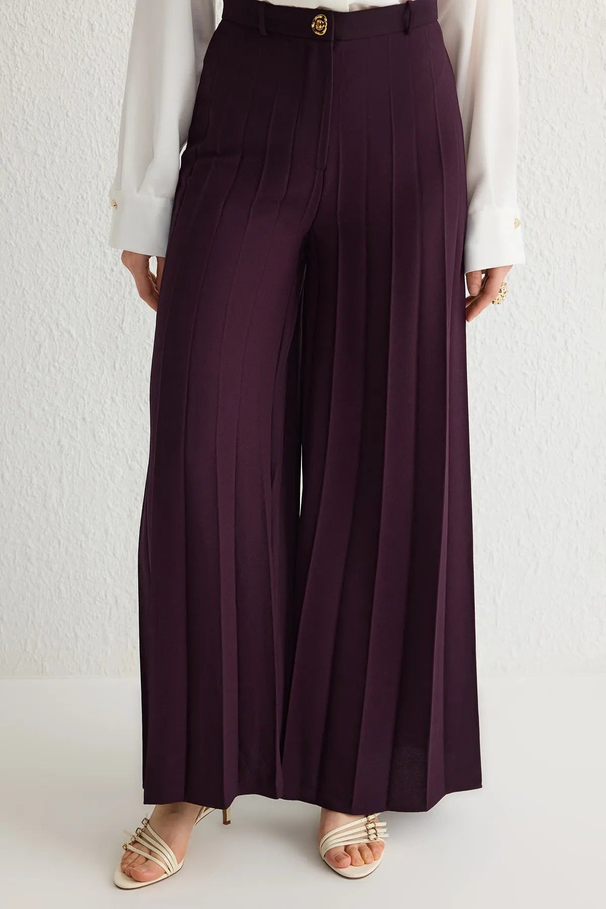 Plum Woven Wide Leg Pleated Detailed Fabric Trouser Skirt