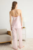 Pink Ruffled Rope Strap Satin Woven Pajama Set