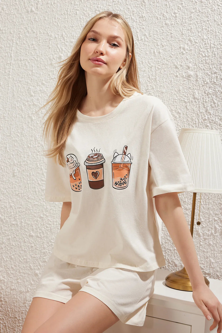 Coffee Printed Shorts Knitted Pajama Set