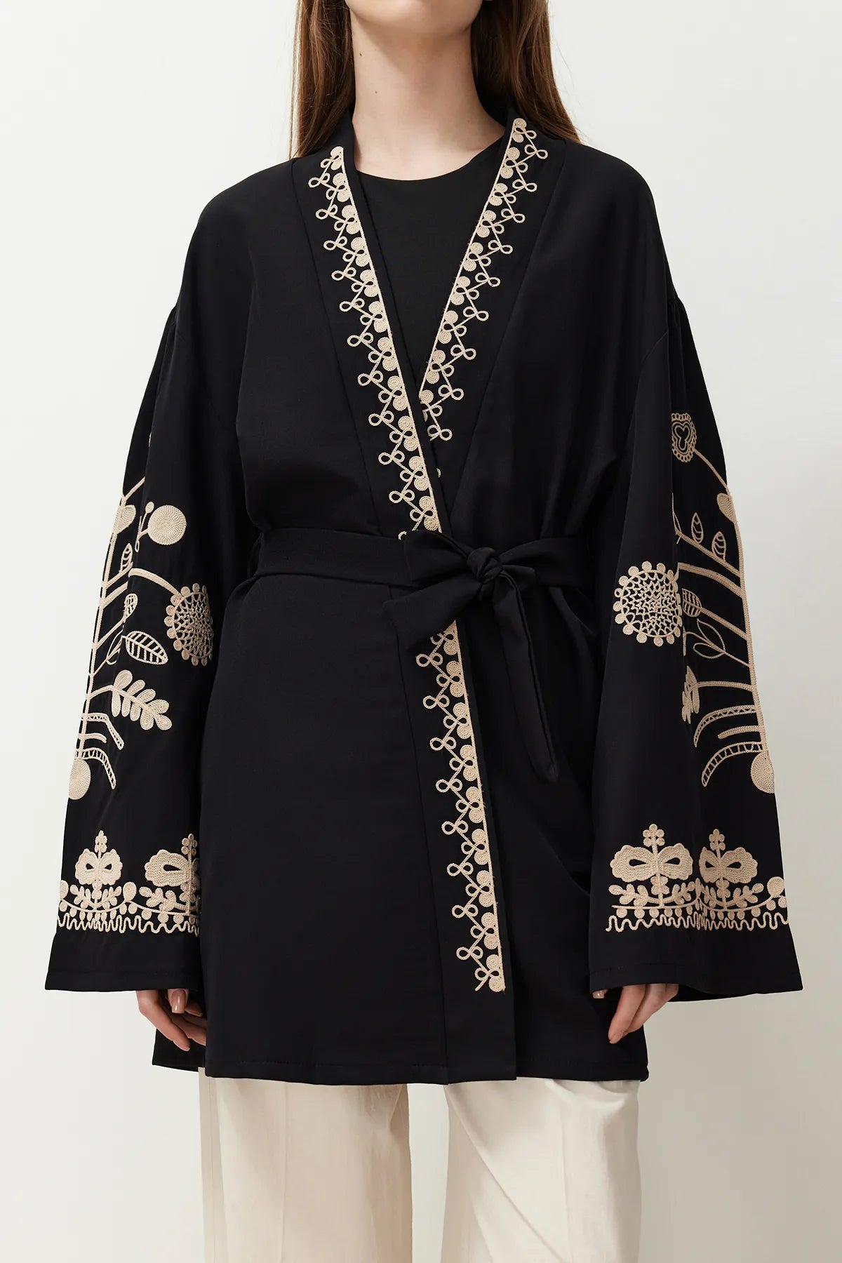 Black Woven Embroidered Cape &amp; Abaya &amp; Kimono