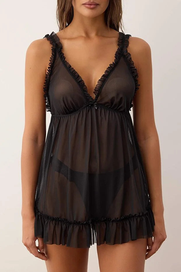 Black Tulle A-line Ruffle Plain Uncapped Babydoll