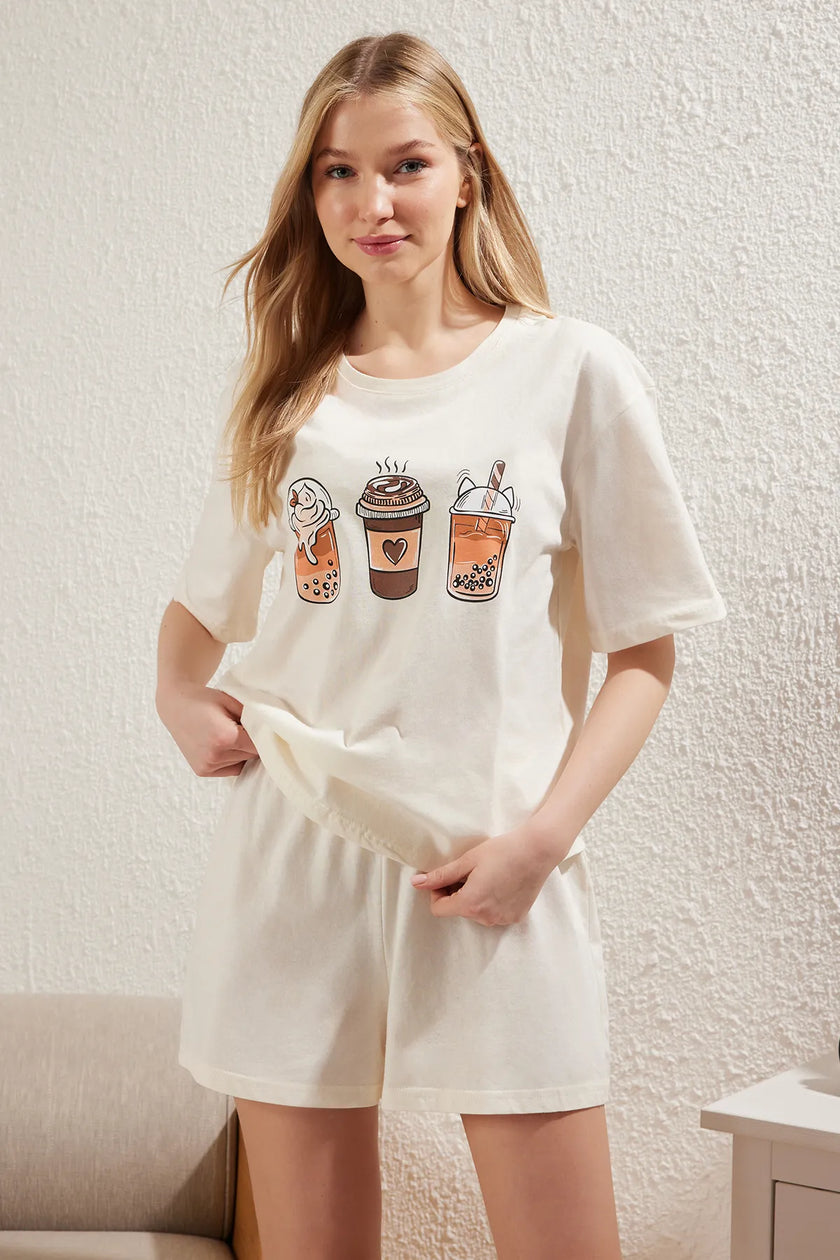 Coffee Printed Shorts Knitted Pajama Set