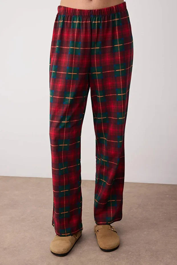 Green  Teddy Bear Plaid Knit Pajama Set