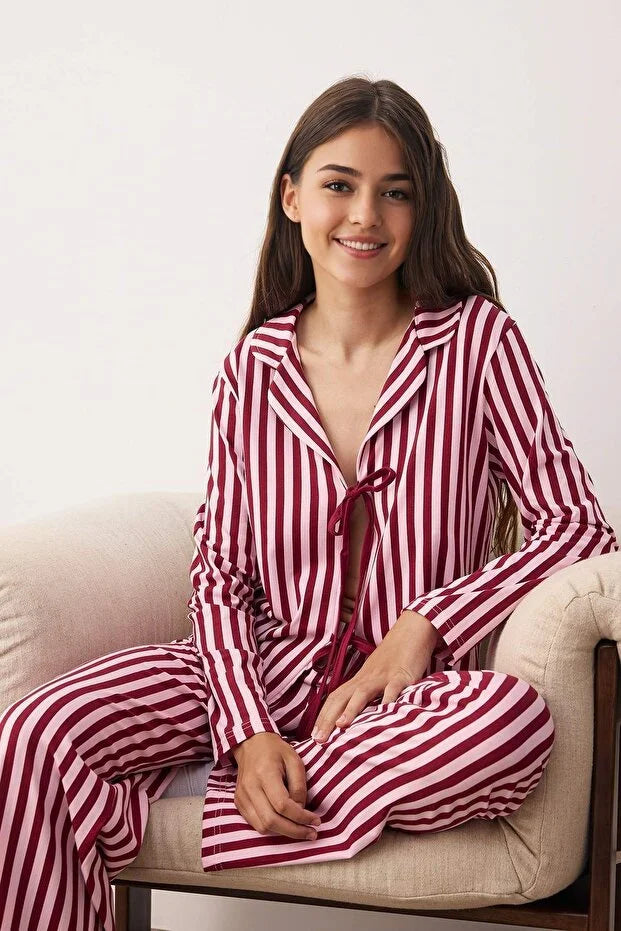 Plum-Pink Soft Touch Cotton Striped Tie-Down Knit Pajama Set