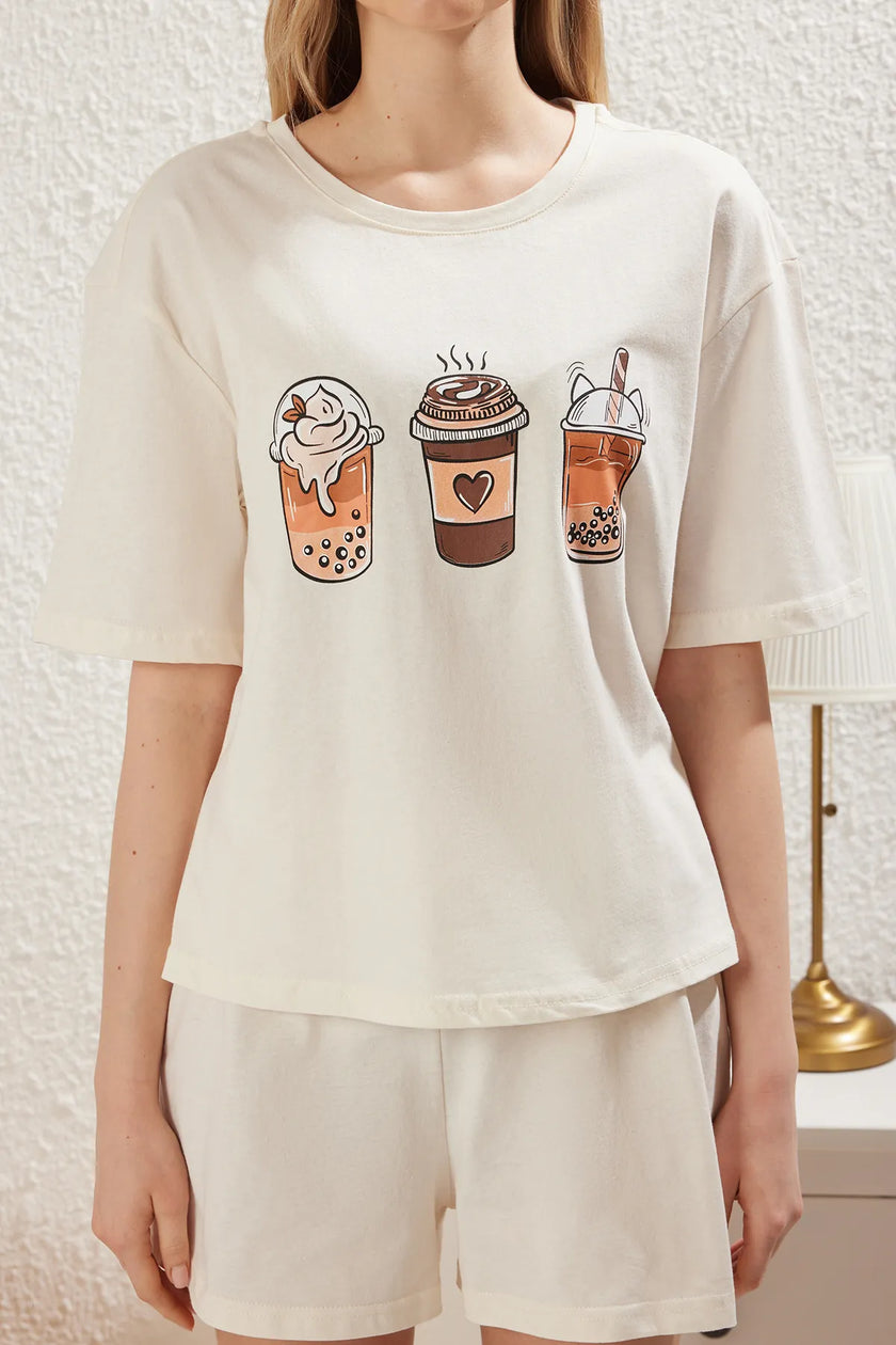 Coffee Printed Shorts Knitted Pajama Set