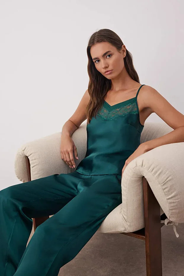 Multicolored Plain Lace Detailed Satin Weave Pajama Set