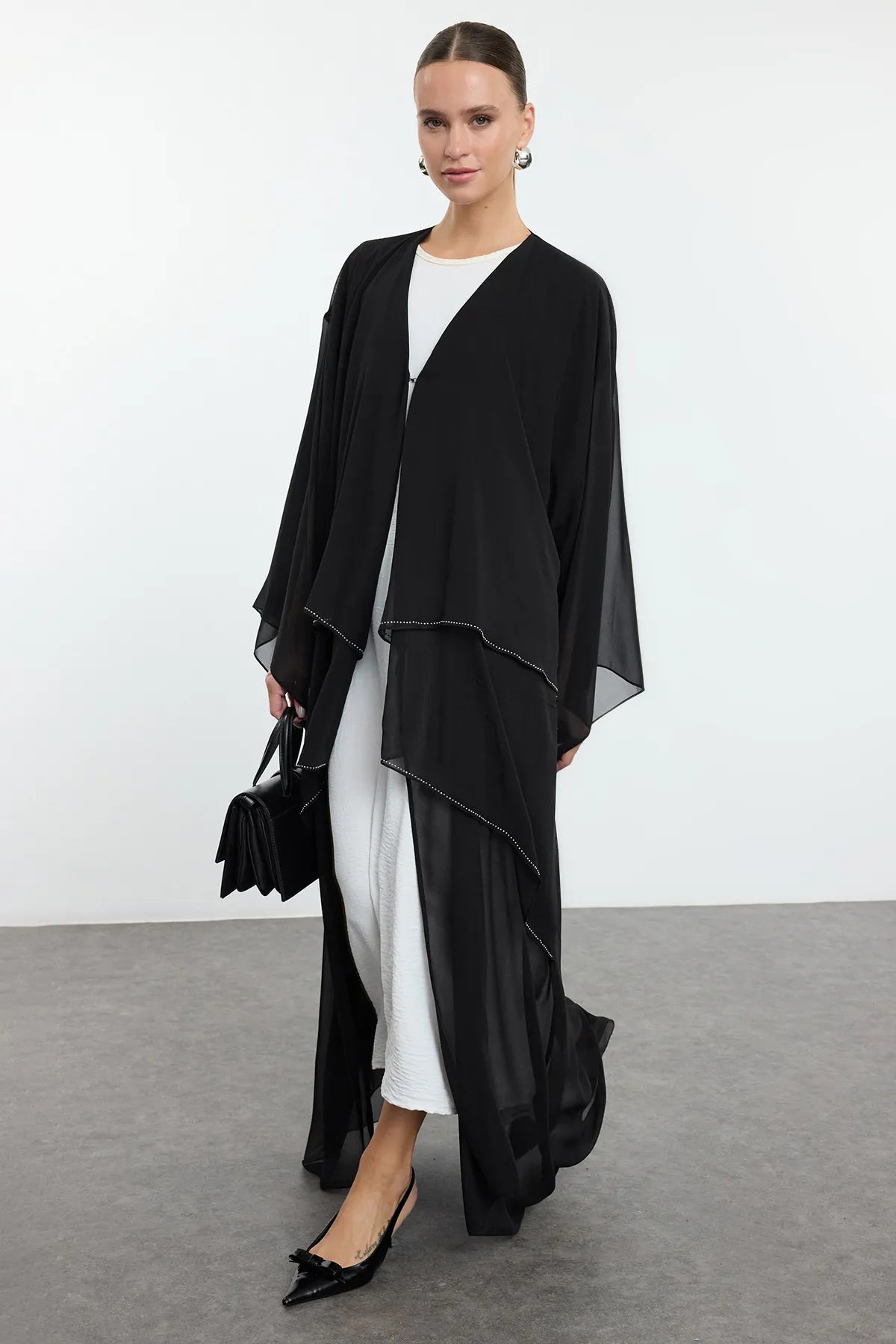 Black Skirt Layered Stone Detailed Woven Cape &amp; Abaya