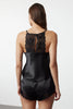 Black Lace Rope Strap Satin Shorts Woven Pajama Set