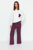 White  Plaid Knit Pajama Set with Pocket Details