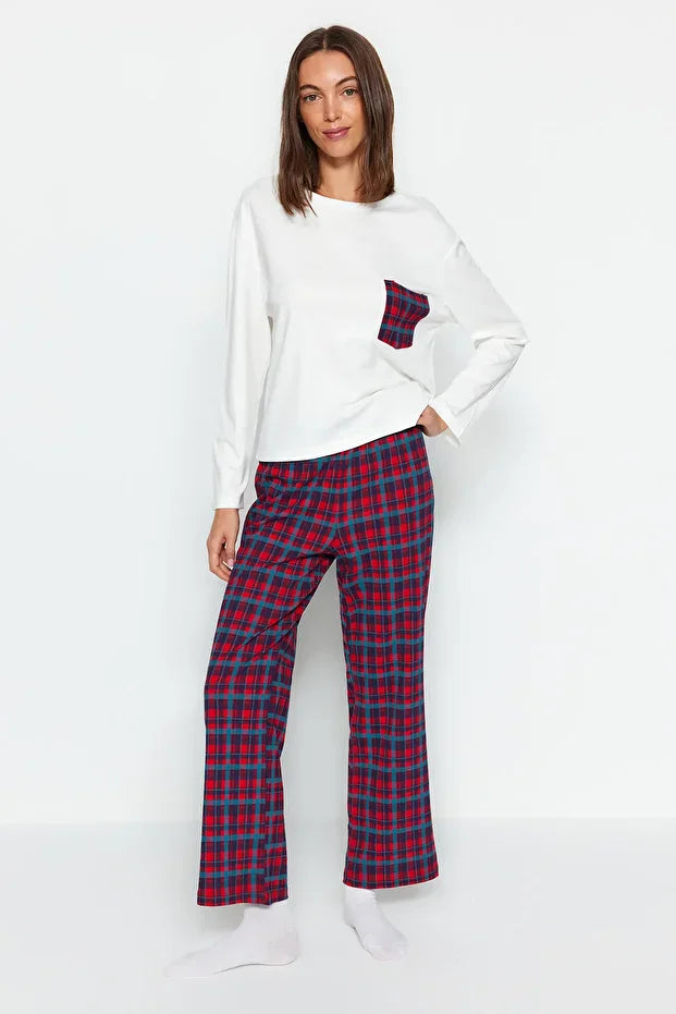 White  Plaid Knit Pajama Set with Pocket Details