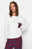 White  Plaid Knit Pajama Set with Pocket Details