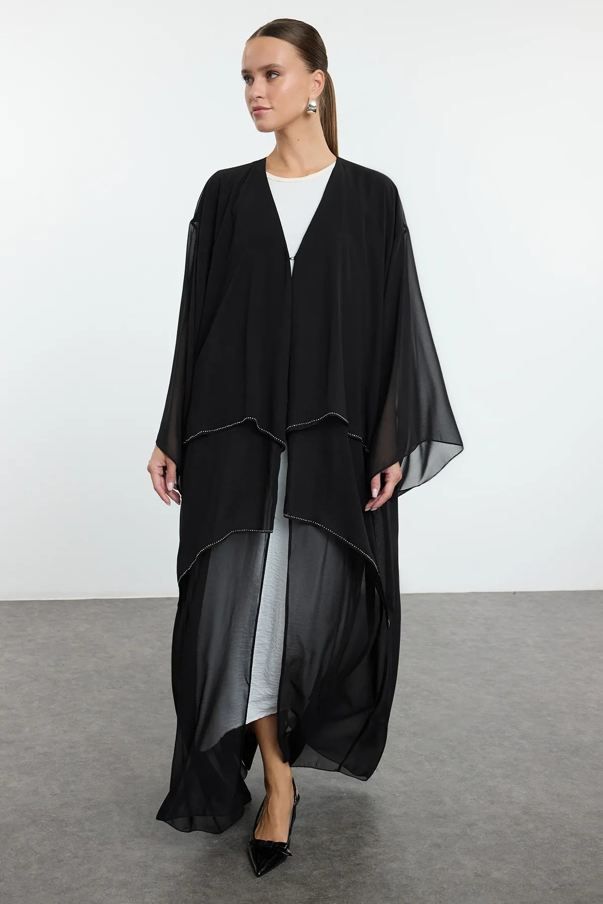 Black Skirt Layered Stone Detailed Woven Cape &amp; Abaya