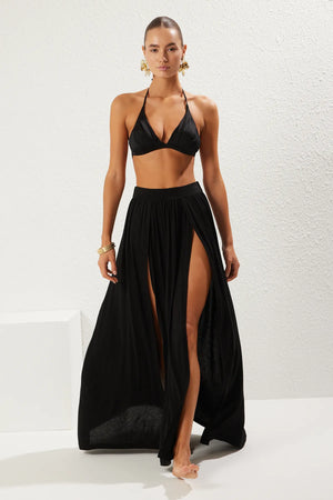 Black Maxi Knitted Slit Beach Skirt