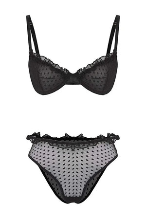 Black Polka Dot Ruffle Tulle Uncovered Strap Knit Lingerie Set