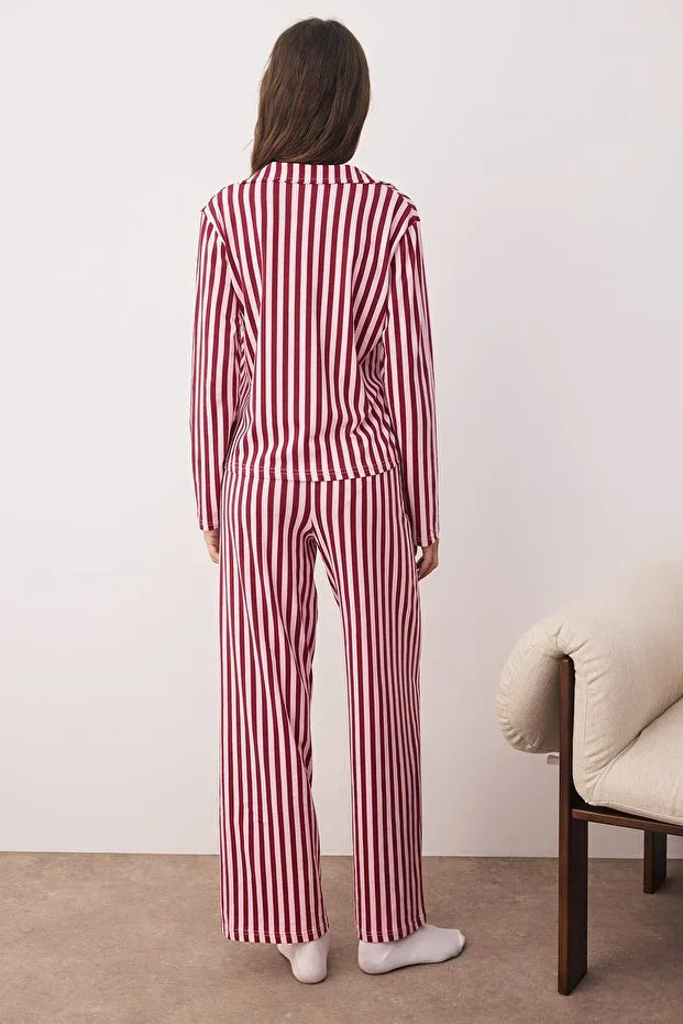 Plum-Pink Soft Touch Cotton Striped Tie-Down Knit Pajama Set