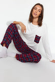 White  Plaid Knit Pajama Set with Pocket Details