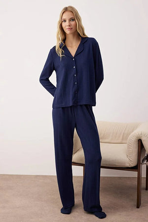 Navy Blue Textured Ribbed Soft Touch Winter Knit Pajama Set