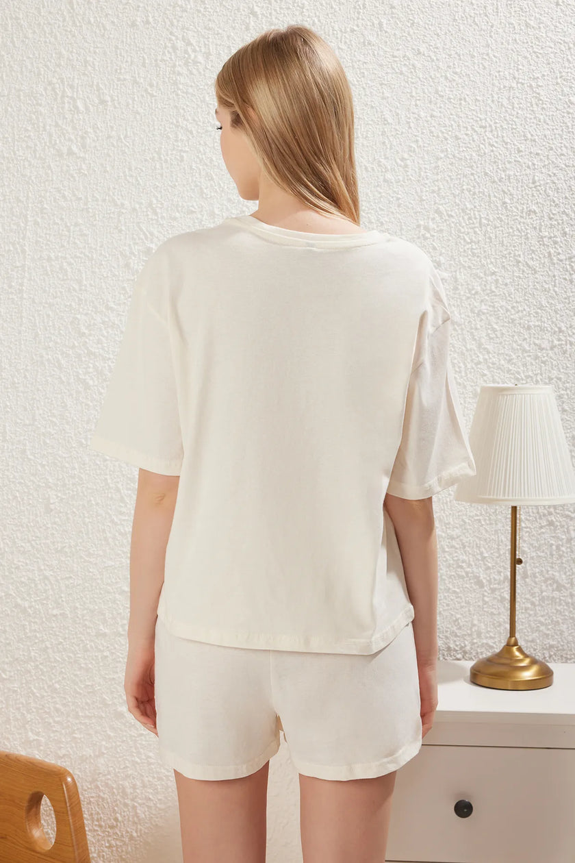 Coffee Printed Shorts Knitted Pajama Set