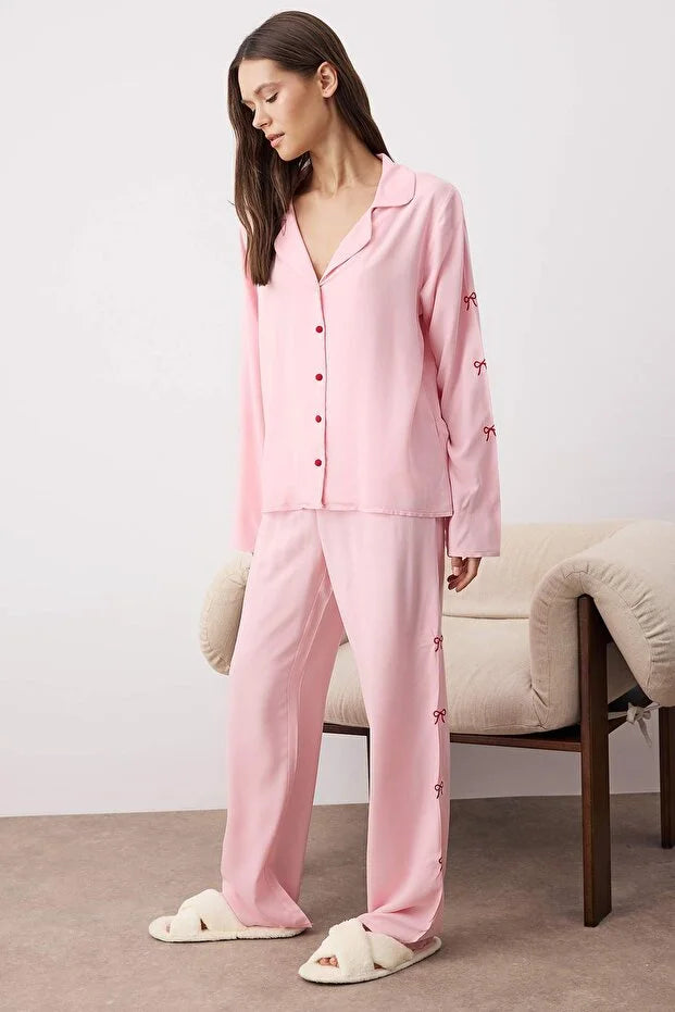 Pink Ribbon/Bow Embroidery Detailed Viscose Woven Pajama Set