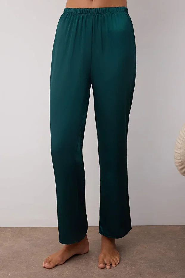 Multicolored Plain Lace Detailed Satin Weave Pajama Set