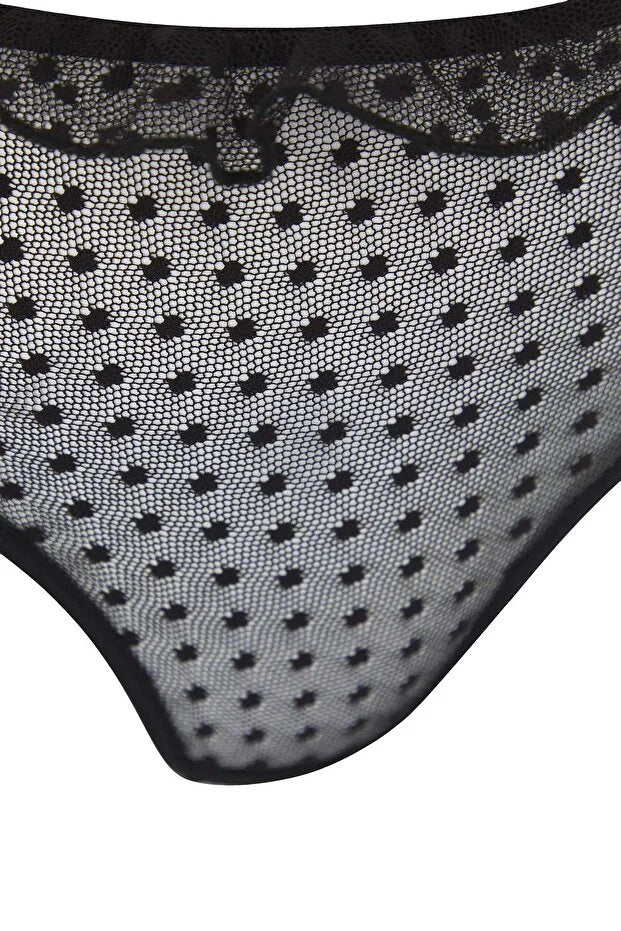 Black Polka Dot Ruffle Tulle Uncovered Strap Knit Lingerie Set