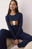 Navy Blue Polka Dot Teddy Bear Patched Soft Touch Winter Knitted Pajama Set