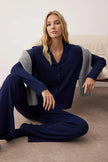Navy Blue Textured Ribbed Soft Touch Winter Knit Pajama Set