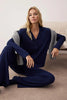 Navy Blue Textured Ribbed Soft Touch Winter Knit Pajama Set