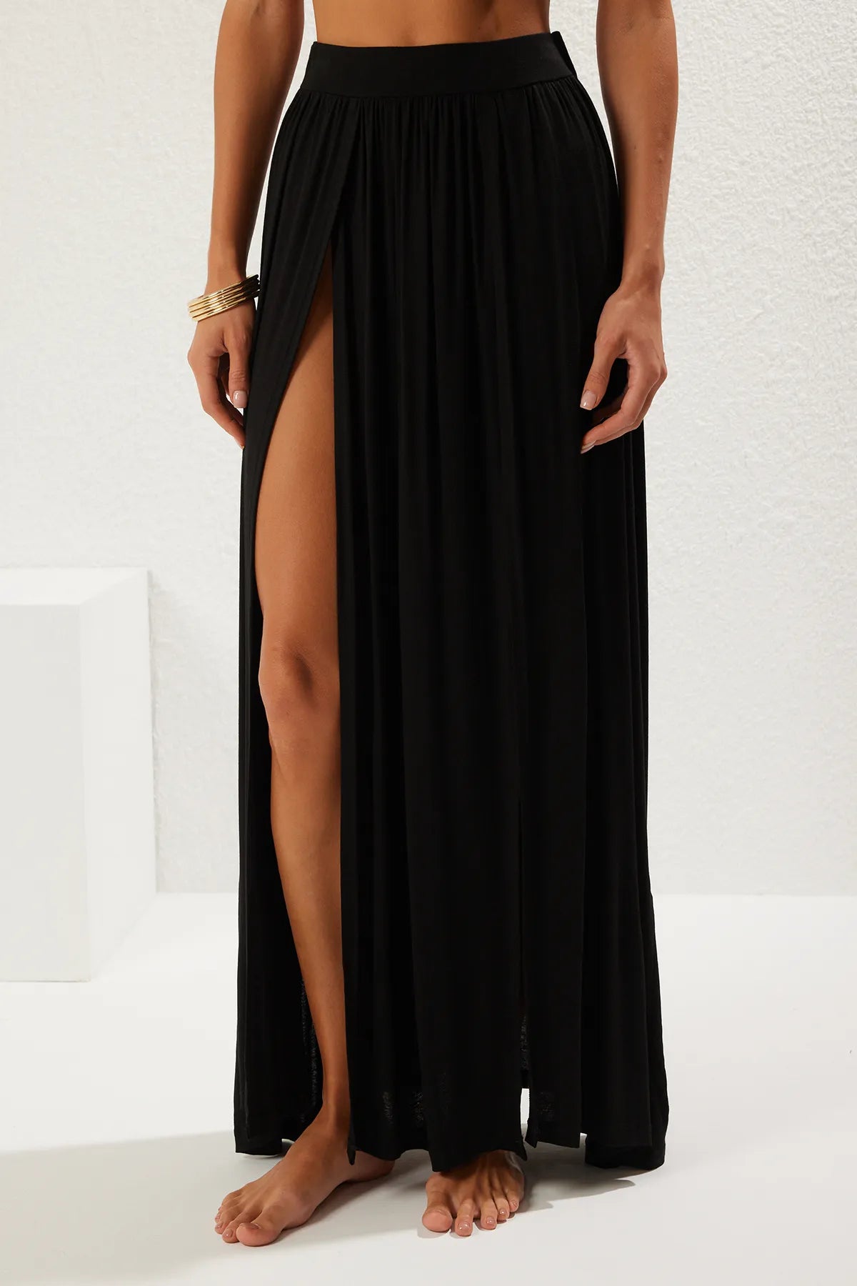 Black Maxi Knitted Slit Beach Skirt