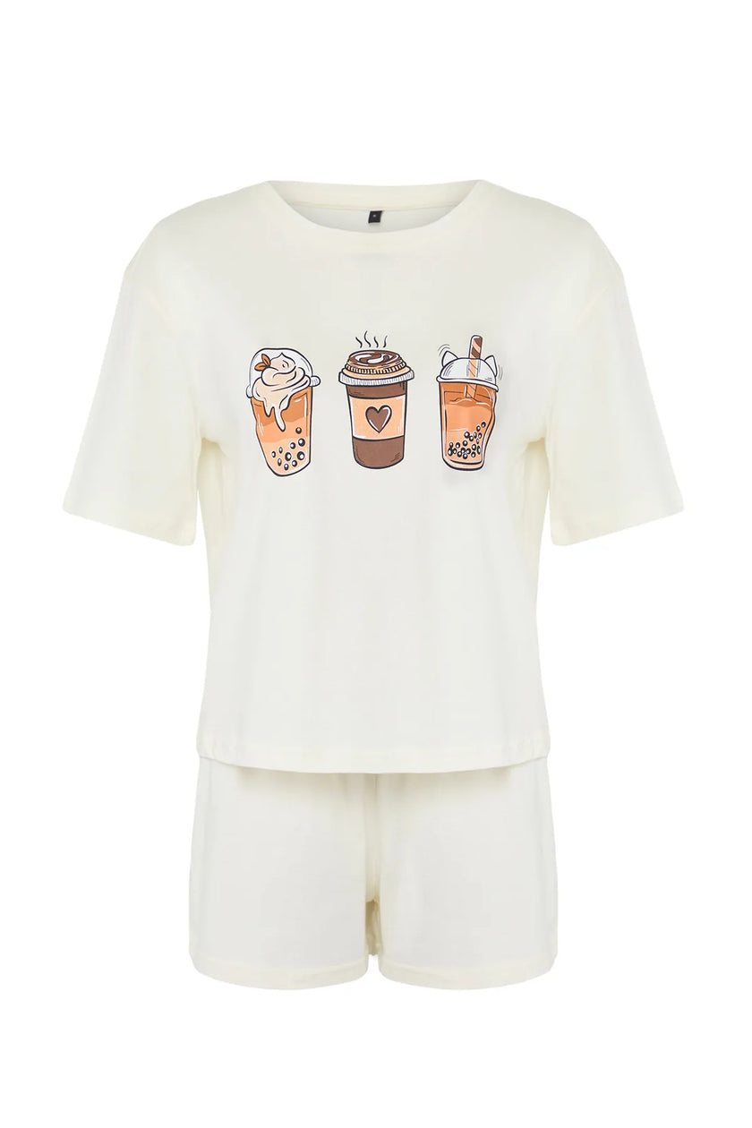 Coffee Printed Shorts Knitted Pajama Set