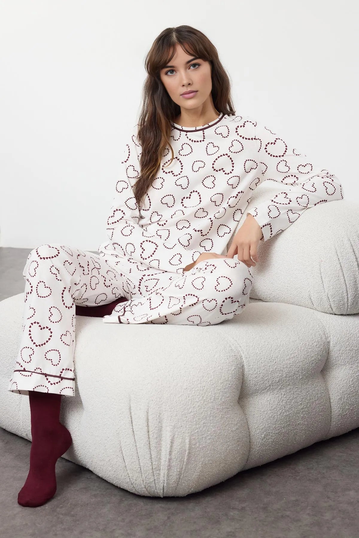 White-Multicolored 100% Cotton Heart-shaped Knitted Pajama Set