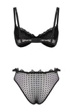 Black Polka Dot Ruffle Tulle Uncovered Strap Knit Lingerie Set