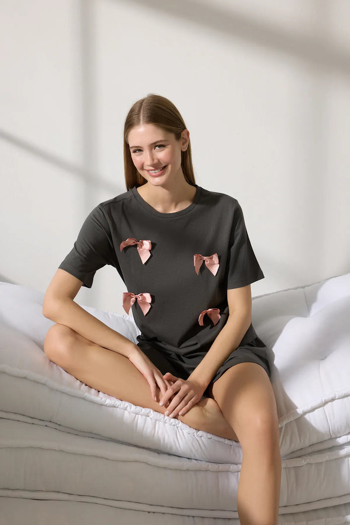 Ribbon/Bow Shorts Knitted Pajama Set