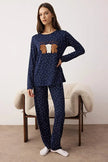 Navy Blue Polka Dot Teddy Bear Patched Soft Touch Winter Knitted Pajama Set
