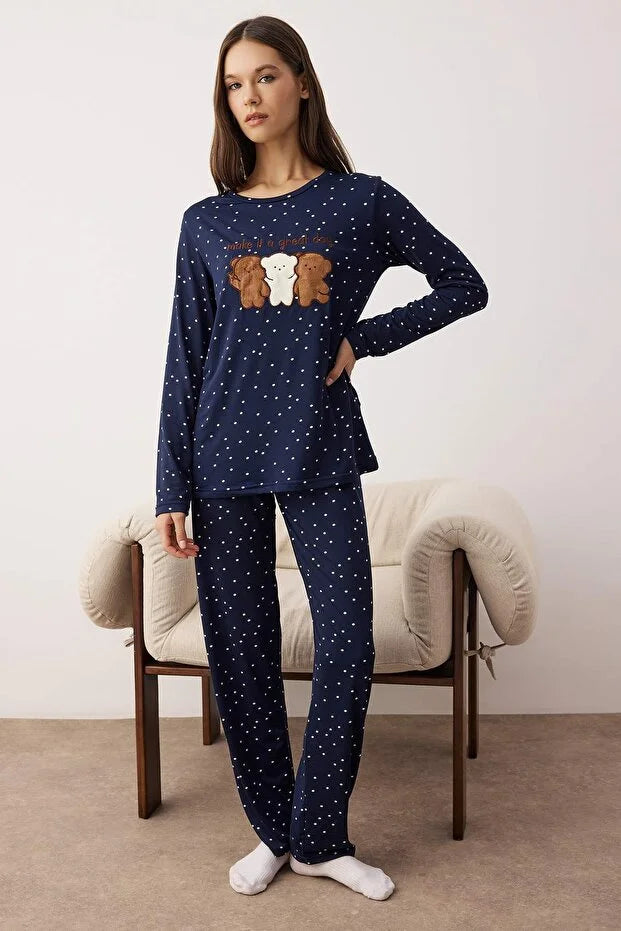 Navy Blue Polka Dot Teddy Bear Patched Soft Touch Winter Knitted Pajama Set