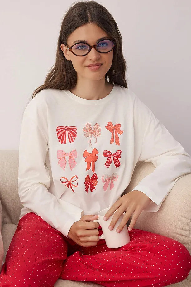 White Ribbon/Bow and Polka Dot Knit Pajama Set THMAW26PT00053