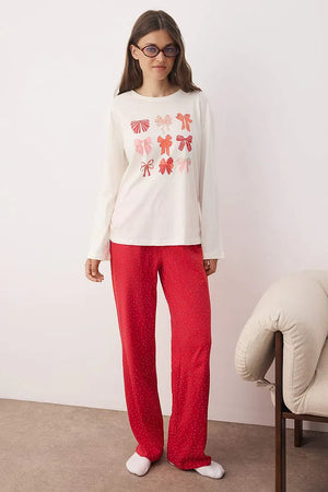 White Ribbon/Bow and Polka Dot Knit Pajama Set THMAW26PT00053