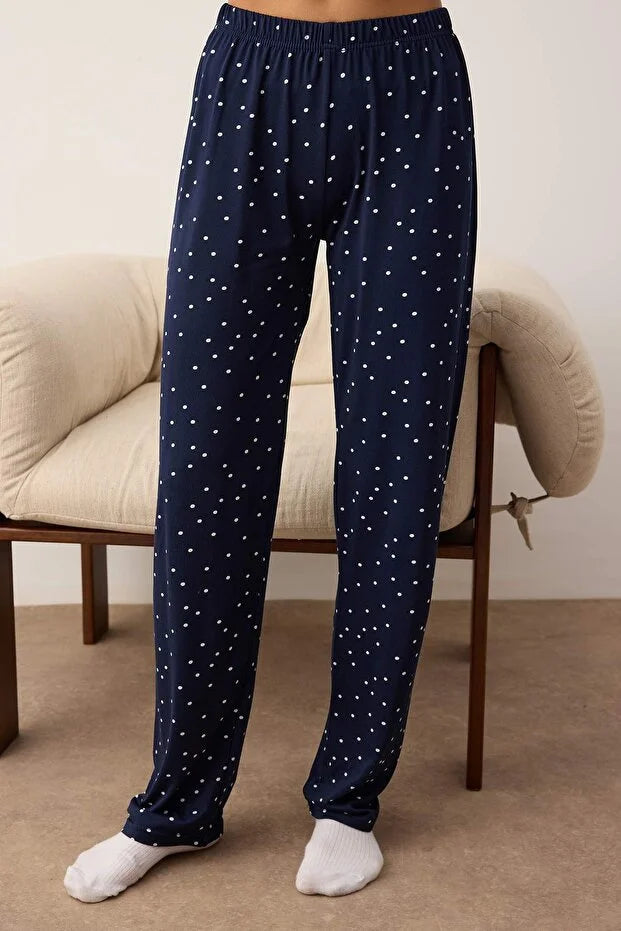 Navy Blue Polka Dot Teddy Bear Patched Soft Touch Winter Knitted Pajama Set
