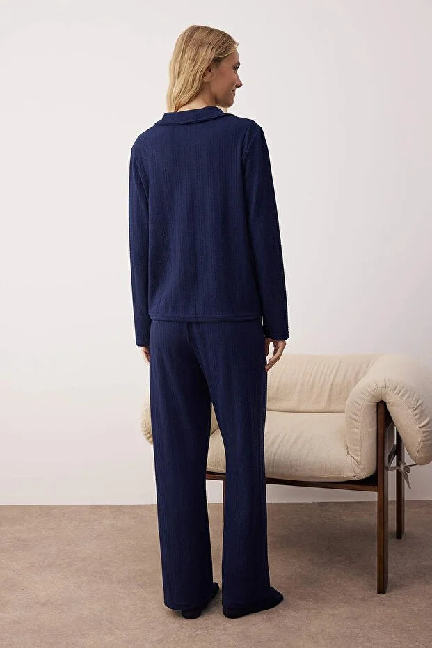 Navy Blue Textured Ribbed Soft Touch Winter Knit Pajama Set