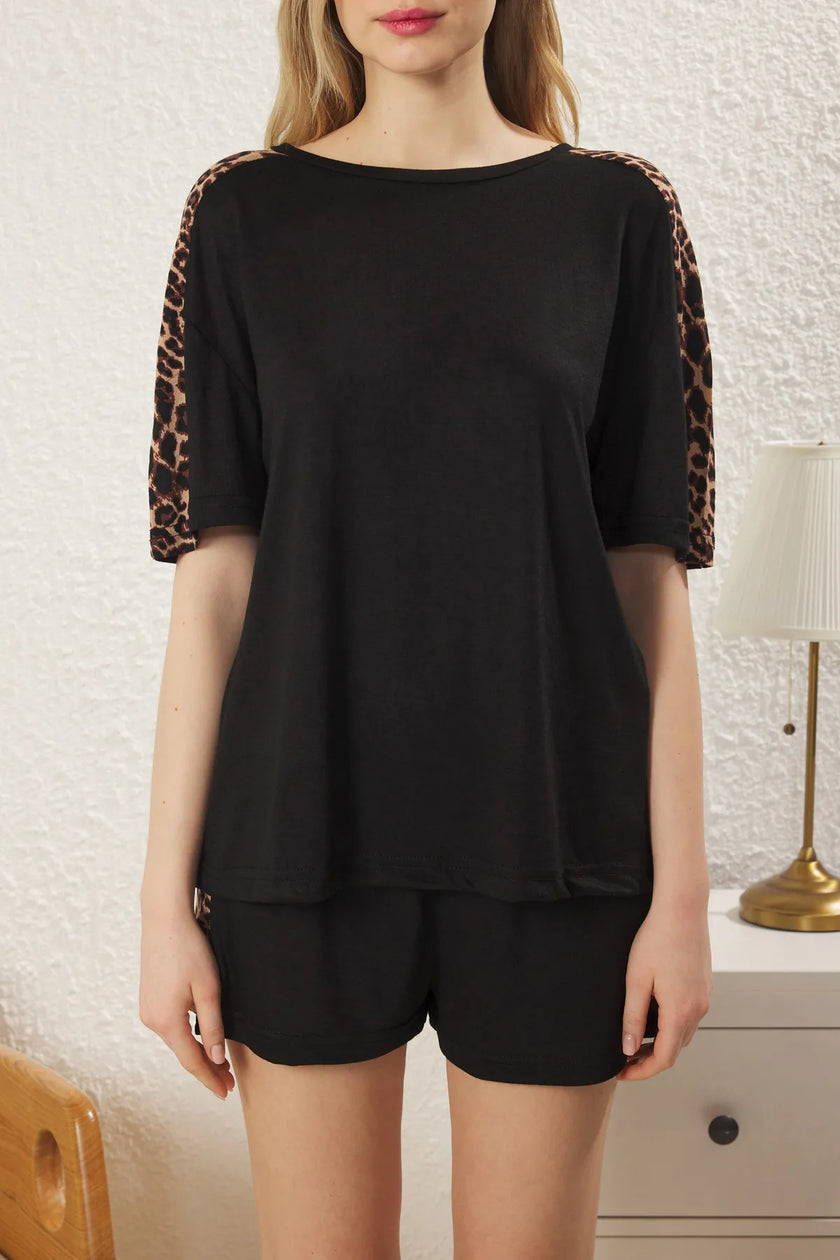 Black Leopard Side Viscose Shorts Knitted Pajama Set