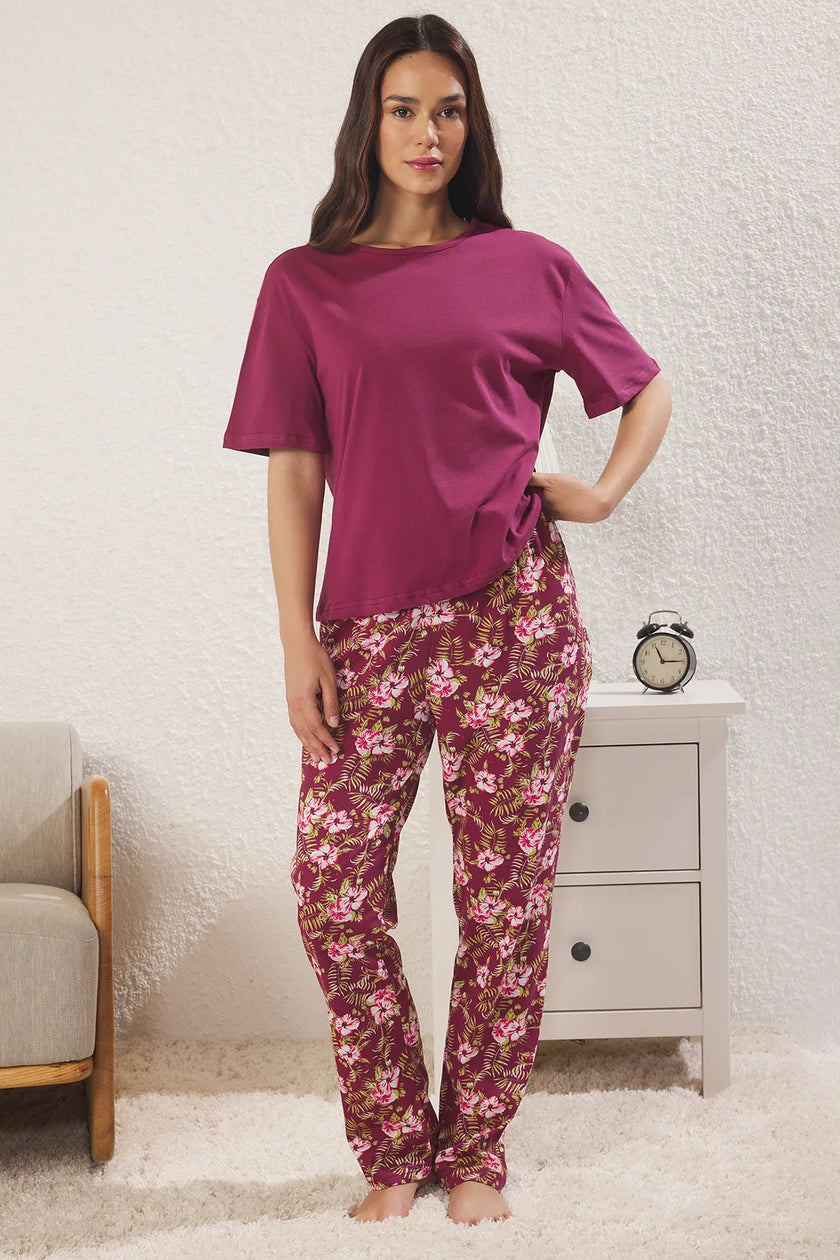 Fuchsia-Multicolored 100% Cotton Floral Knitted Pajama Set
